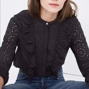 Madewell Eyelet Ruffle-Front Cotton Blouse Long Sleeve Button Down Black (Small)